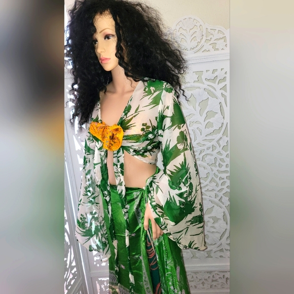 Exotic Silk Boho Green Multicolor Reversible Wrap Maxi Skirt - Picture 5 of 16